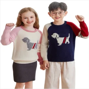 Breathable 100% Wool Toddler Girls Middle School Students Sweater Uniform Pullover Striped O neck Free Logo