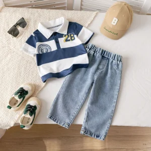 Breathable Boys Denim Jeans With Sports Polo Shirts Casual Sports Style Daily Outdoor Wear