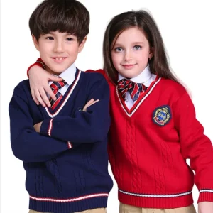 Breathable Cotton Classic Toddler Girls Middle School Students Sweater Uniform Pullover Striped V neck Autumn