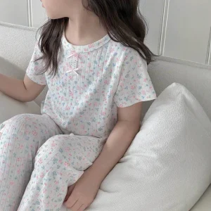 Breathable Floral Print Kids Girl Summer Short Sleeve Pajama Set Cotton Blend Loungewear Sleepwear for Casual Home Outdoor Wear
