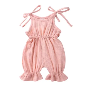 Breathable Muslin Fabric Baby Girls One Piece Rompers Lace up Design Sleeveless Baby Girls Bodysuit Ruffle Romper Jumpsuit
