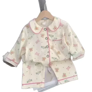 Breathable Pure Cotton Pajamas Boys Girls Home Clothing Spring Autumn Cardigan Long Sleeve Cartoon Set Garment