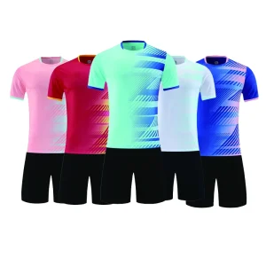 Breathable Quick Dry 100% Polyester Boys Soccer Jersey Striped V neck Training Shorts Automated Cutting Customized Team Name