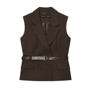 Brown Color Notched Collar Double Breasted Casual Fashion Vest Waistcoat for Women with Belt