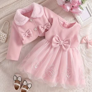 Bulk Kids Clothing Manufacturer Baby Girl Solid Pink Bow Skirt Suit Jacket Fluffy Dress Two Piece Set