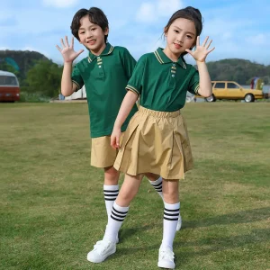 Bulk Supply School Uniforms for Primary School Green Polo Style School Uniform Set Kids Polo Shirt with Shorts and Skirts
