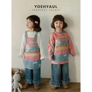 C3511 2-14 Years Colored Girls Knit Clothing Set 100% Acrylic Girls Two Piece Sweater Set Toddler Knitwear