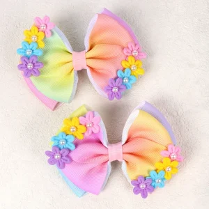 CN 2Pcs 4Inch Rainbow Grosgrain Ribbon Hair Bow Pastel Flower Pearl Hair Clip Kids Girls Accessories