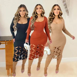 CY900922B Daily Casual Wear Cut Out Dress Long Sleeve O neck Skinny Bodycon Dress Girls and Ladies