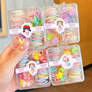 Candy Color Fabric Hair Tie Clip Hairbands Quality Kids Fashion Accessories 90pcs Box Flower Pattern Factory Direct