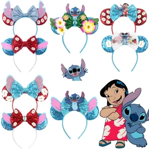 Cartoon Blue Mouse Ears Headband for Girls Popular Design with Rhinestone Flower Sequins Kids Hair Accessories