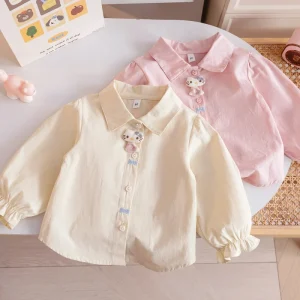 Cartoon Girls Blouses Puff Ruffle Cuff Long Sleeve Shirts Cute Bow Embroidery Kids Casual Top Spring Girl Shirts