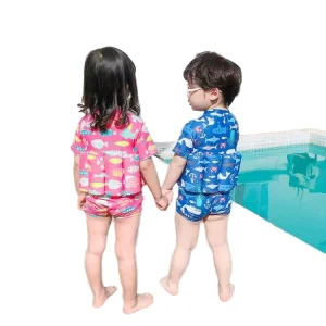Cartoon Print One piece Baby Kids Shorts Swimsuit with Buoyancy Breathable Quick Dry for Girls Boys