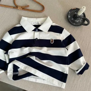 Casual 100% Cotton Rugby Stripe Washed Breathable Long Sleeve Boys Toddler Fall Oversize Polo Shirts
