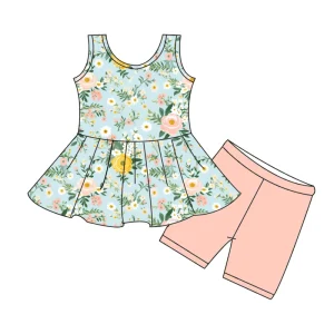 Casual Baby Girl Outfit Bamboo Sleeveless Ruffle Top Solid Shorts for 0-3 Months Summer Kids’ Clothing