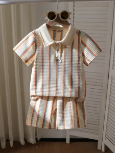 Casual Boys Clothing Set Short Sleeves Textured Striped Polo T Shirt + Shorts 2 Pieces Outfit for Kids
