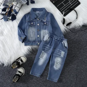 Casual Distressed Jeans Set Teen Boys Men Spring Autumn Long Sleeve Denim Elastic Waist Printed Children’s Clothes