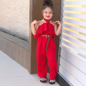 Casual Fashion Children Clothes Off Shoulder Flounce Jumpsuit for 3 to 8 Y Girls Solid Color Sling Girls Jumpsuit