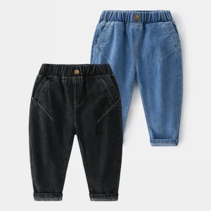 Casual Korean Style Straight Leg Boys’ Jeans Solid Color Mid Waist Children’s Pants Elastic Waistband Distressed Children’s