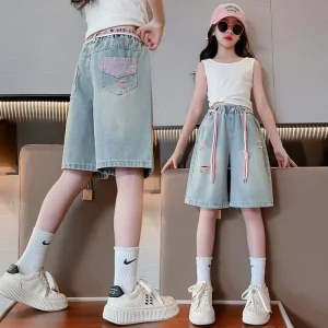 Casual New Style Mid Length Denim Shorts for Girls Summer Cotton Jeans with Hot Pattern Drawstring Pants for Big Kids Children