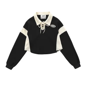 Casual Print Crop Tops Women Long Sleeve Custom Logo Polo Shirt Teen Girls Streetwear Top Shirt