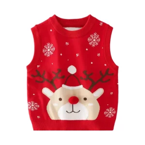 Casual Reindeer Design Christmas Sweater Vest For Little Girls and Boys Vintage Ribbed Style Knit Vintage Ribbed Vest