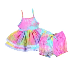 Casual Style Lace Design Dress with Shorts Size 4T Summer Wear for Children Colorful Tie Dye Girls Clothing Set