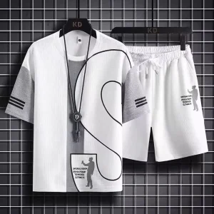 Casual Suit Summer Korean Style Sports Boys Loose T shirt Short sleeved Simple Five length Pants Men’s Two piece Set
