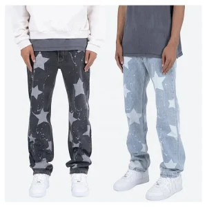 Casual Wide Leg Denim Jeans for Men Factory Loose Heart Printed Trousers Breathable Button Y2K