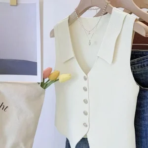 Casual Women’s Polyester Knitted Vest with Button Decoration Sleeveless Top for Outer Wear