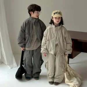 Casual Zipper Jacket for Boys and Girls Winter Cotton Lined Workwear Suit Thickened Two-Piece Pattern Solid Style for Spring
