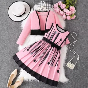 CatpapaGirls’ Dress Set Pink Vest Dress Long Sleeve Jacket Girl Autumn Dress Children’s Two Piece Set