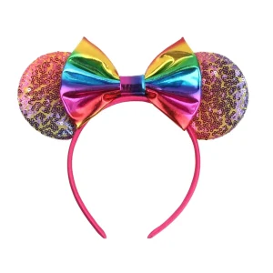 Chic Kids Hairband With Metallic Glitter Mouse Ears 5″ Sequins Bow Headwrap Headband for Girls Fabric DIY Hair Accessories