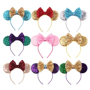 Chic Kids Party Hairband Hair Accessories 3.3” Glitter Sequins Mouse Ears Bow Headband for Women