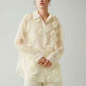 Chiffon Rose Design Cardigan Button Shirt Fashion Girl Long Sleeve Modest Blouse Elegant Women’s Blouses & Shirts