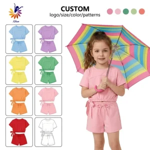 Child 2 Piece Outfit Short Sleeve Top Drawstring Shorts with Decorative Bow Knot Cotton Spandex Blend Multi Color OEM