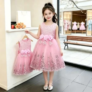 Child Red Bright Princess Dress for Girls Party Frocks Anti wrinkle Cotton Breathable Flower Girl Evening Dresses