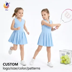 Child Yoga Dress V Neck Sleeveless Pleated Skirt Built in Shorts Back Zipper Soft Stretch Fabric Multi Color OEM