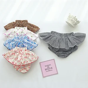 Children 100% Cotton Mid Waist Sweet Breathable Bloomer Summer Gingham Floral Ruffle Baby Girl’s Shorts
