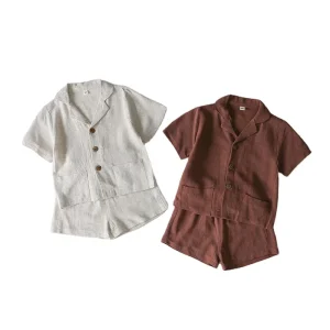 Children Baby Boys Girls Summer Clothes Set Toddler Boys Linen Cotton Shirt and Shorts