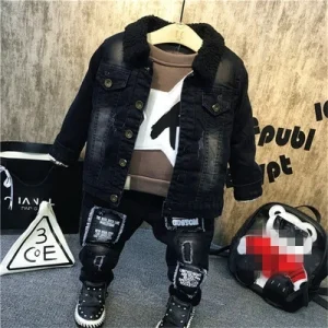 Children Black Ripped Jacket Boys Hip Hop Denim Fleece Jacket Coat for Fall Winter