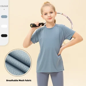 Children Breathable Mesh Crewneck Sports Tshirt Girls Quick Dry Moisture Wicking Gym Exercise Shirts Boys Loose Fitness Tops