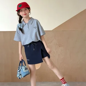 Children Casual Clothes Summer Children Girl’s Gray Polo Shirt + Navy Skirt 2 Pcs Outfit Set