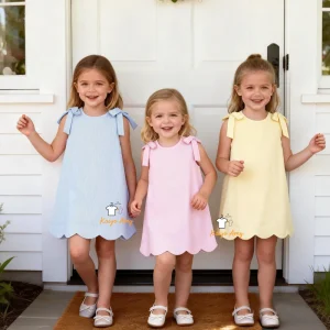 Children Clothes Girls Dresses Fully Lined Seersucker Stripe Summer Scallop Baby Princess Dresses for Girls