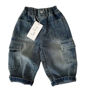 Children Clothes Kids Casual Denim Pants Spring New Boys Solid Color Pocket Jeans Baby Cargo Straight cotton Pants