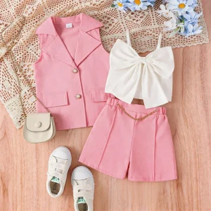 Children Clothing Fashion Style Sleeveless Summer Kids Clothing Polyester Solid Color Three Pieces Suit Set for Girls 4-7 Years