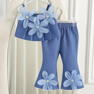Children Clothing Manufacturer Baby Girl Summer Casual Soft Pants 2 Piece Sleeveless Floral Flower Sling Set