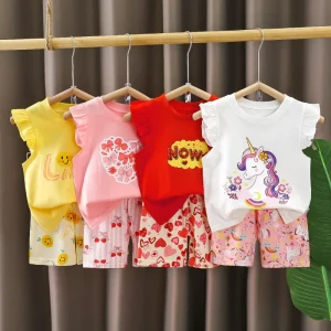 Children Clothing Set Girls Summer Flying Sleeve Outfits Casual Cotton Clothing for Toddler Kids Breathable Shorts