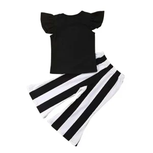 Children Clothing Sets Toddler Girl Boutique Outfits Black Ruffle Sleeve Tops+Stripe Pants 2pcs Kids Summer Clothing