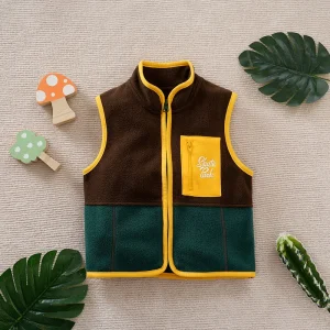 Children Color Block Warm Waistcoat Brown & Green with Yellow Trim for Boys & Girls